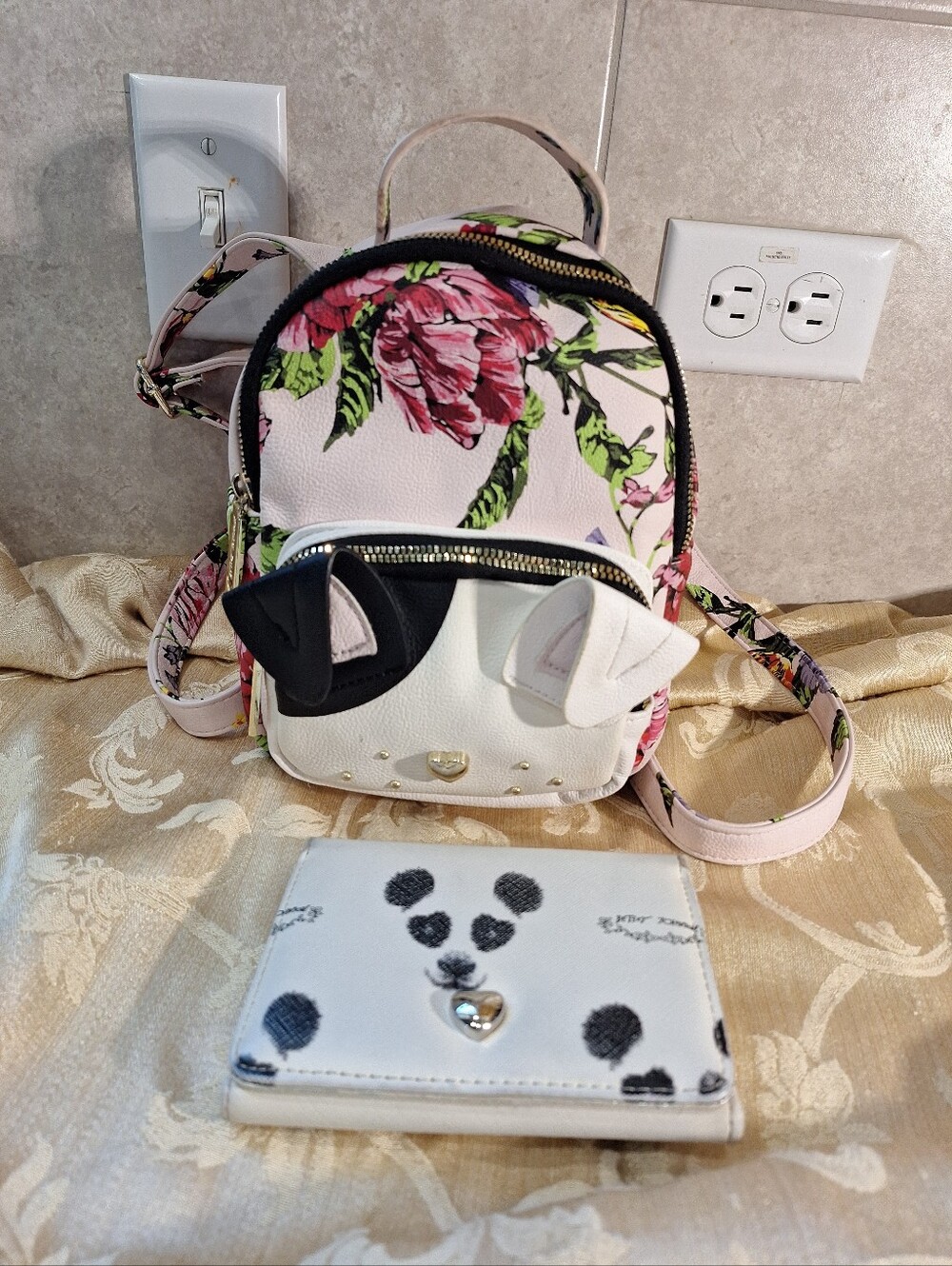Betsey Johnson Floral Pink Mini Backpack with White Accent - Bonus Panda Wallet